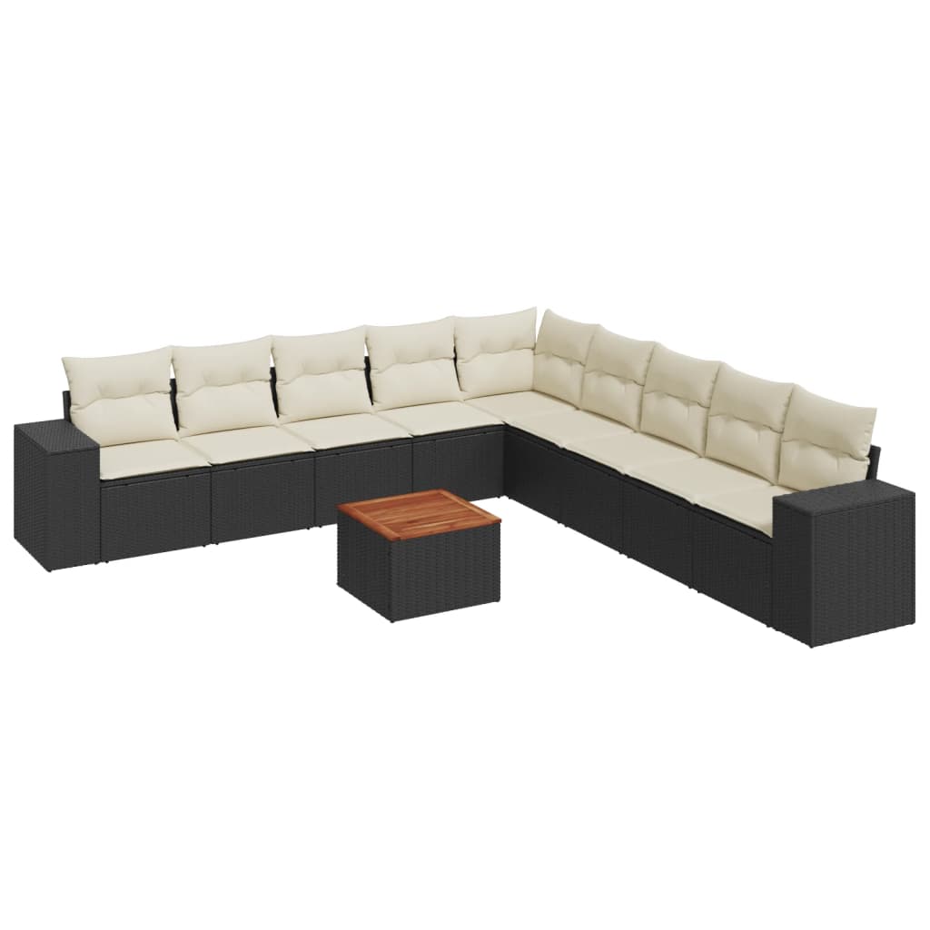 10-delige Loungeset met kussens poly rattan zwart