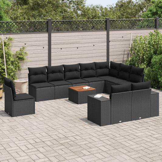 11-delige Loungeset met kussens poly rattan zwart