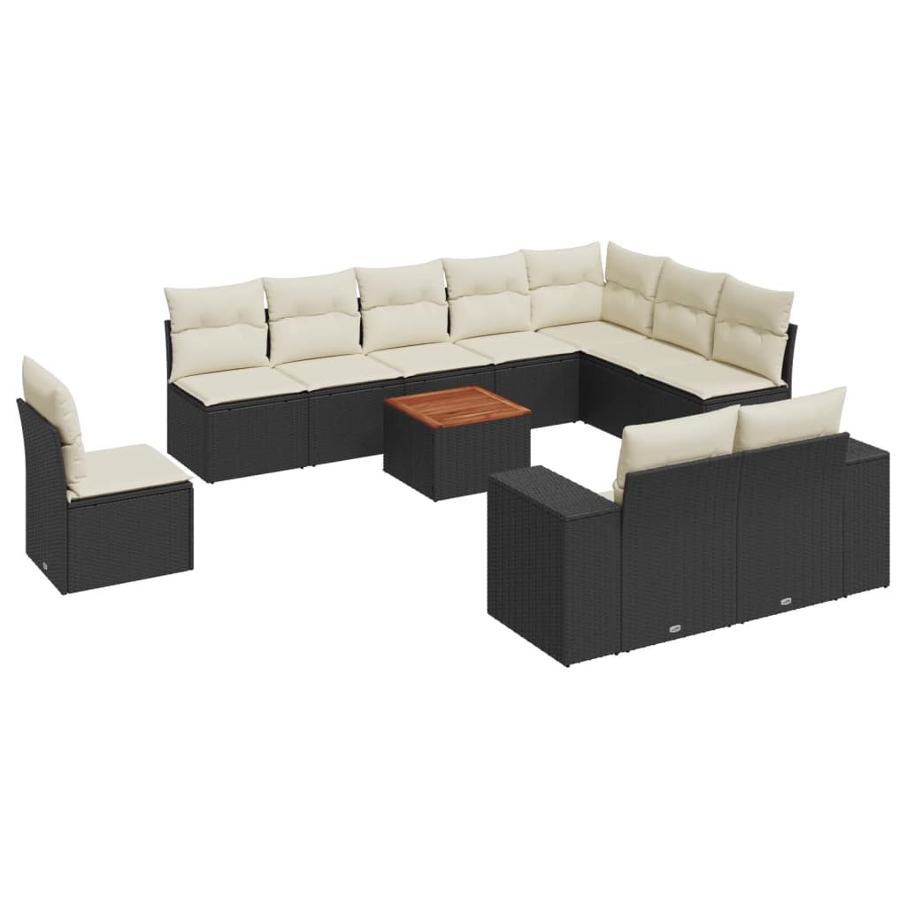 11-delige Loungeset met kussens poly rattan zwart