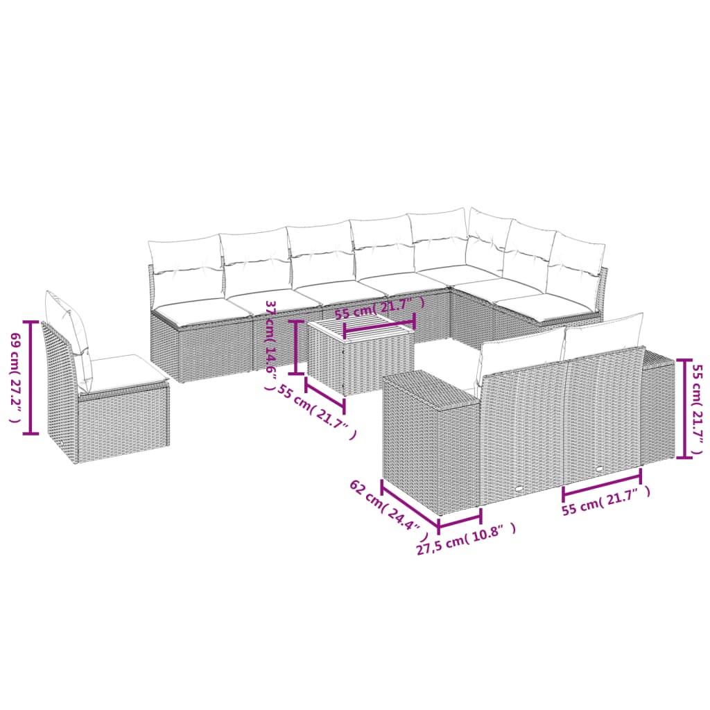 11-delige Loungeset met kussens poly rattan zwart