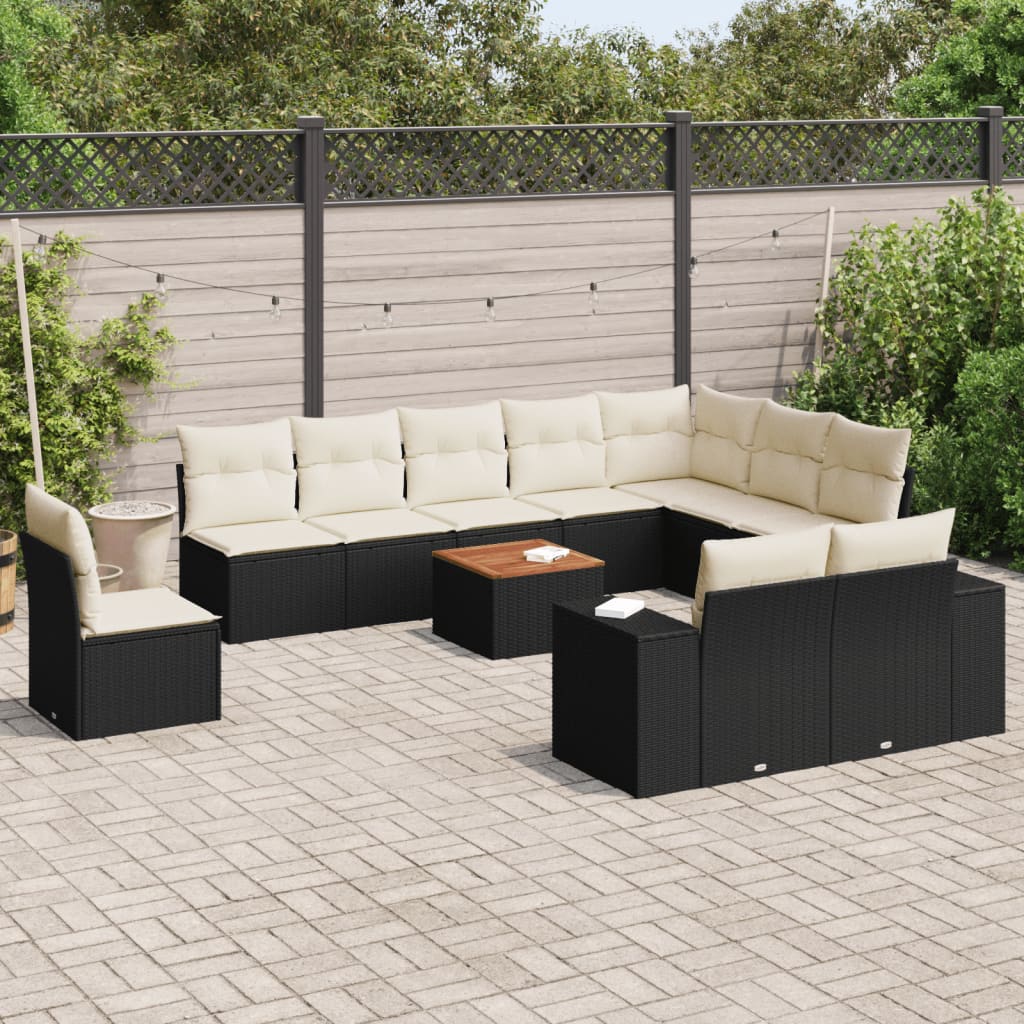 11-delige Loungeset met kussens poly rattan zwart