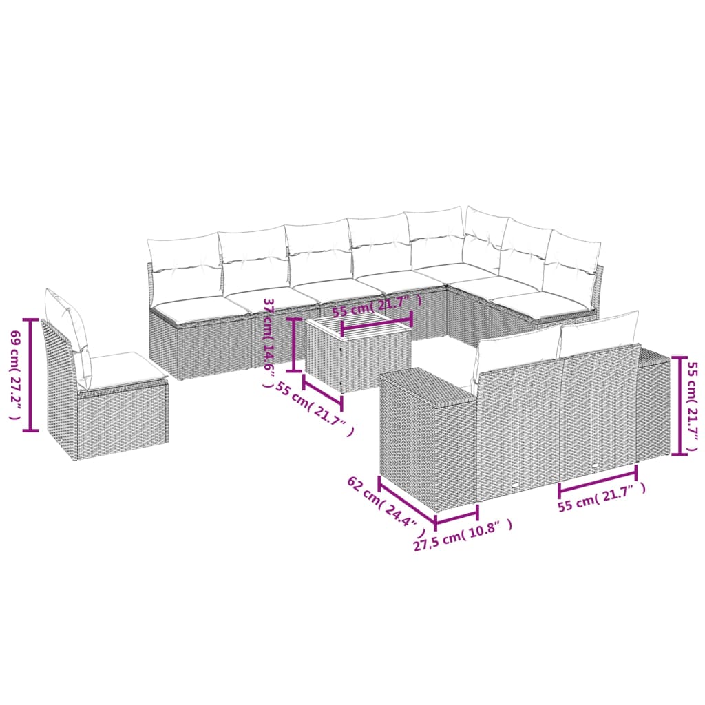 11-delige Tuinset met kussens poly rattan beige