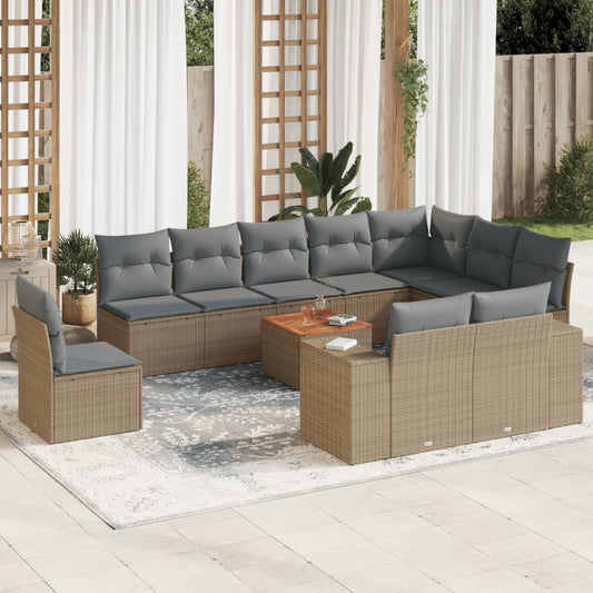 11-delige Tuinset met kussens poly rattan beige