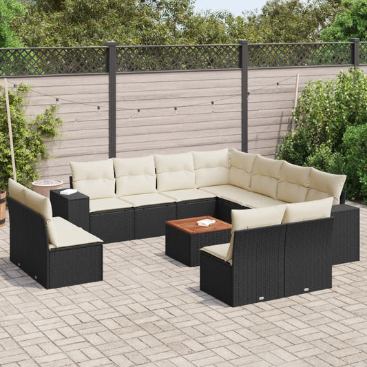 12-delige Loungeset met kussens poly rattan zwart