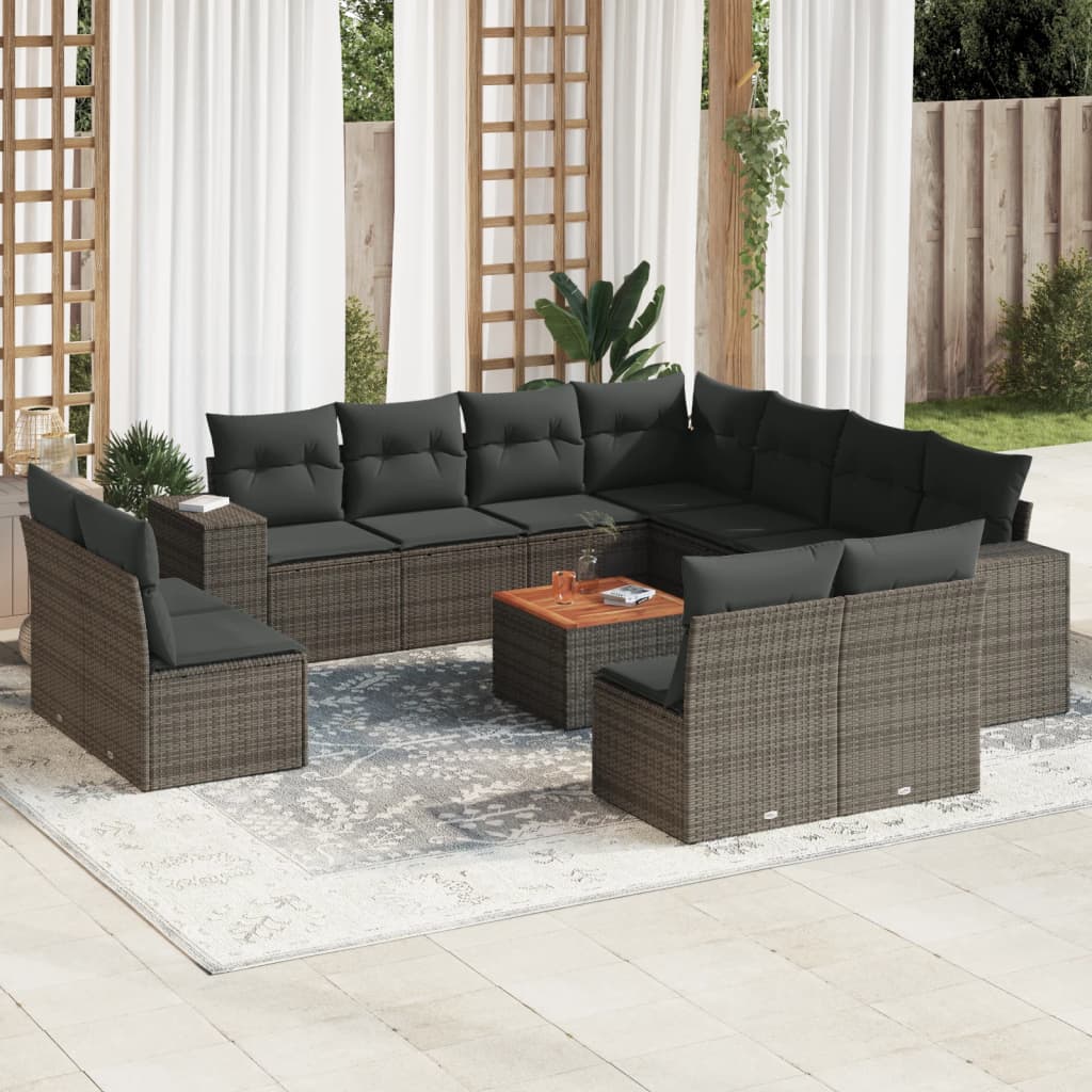 12-delige Loungeset met kussens poly rattan grijs