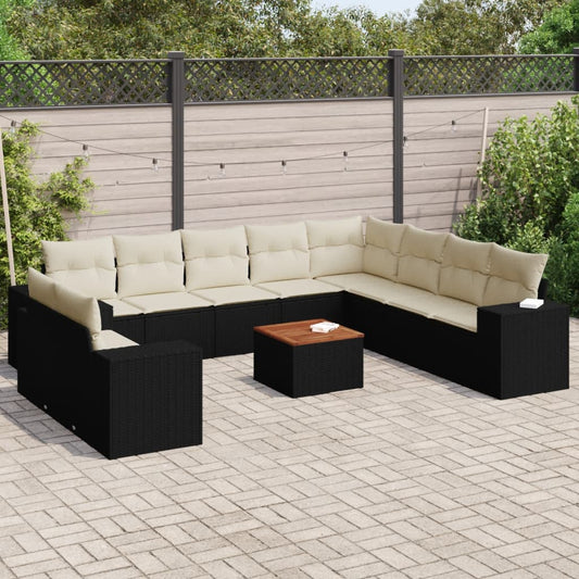 11-delige Loungeset met kussens poly rattan zwart