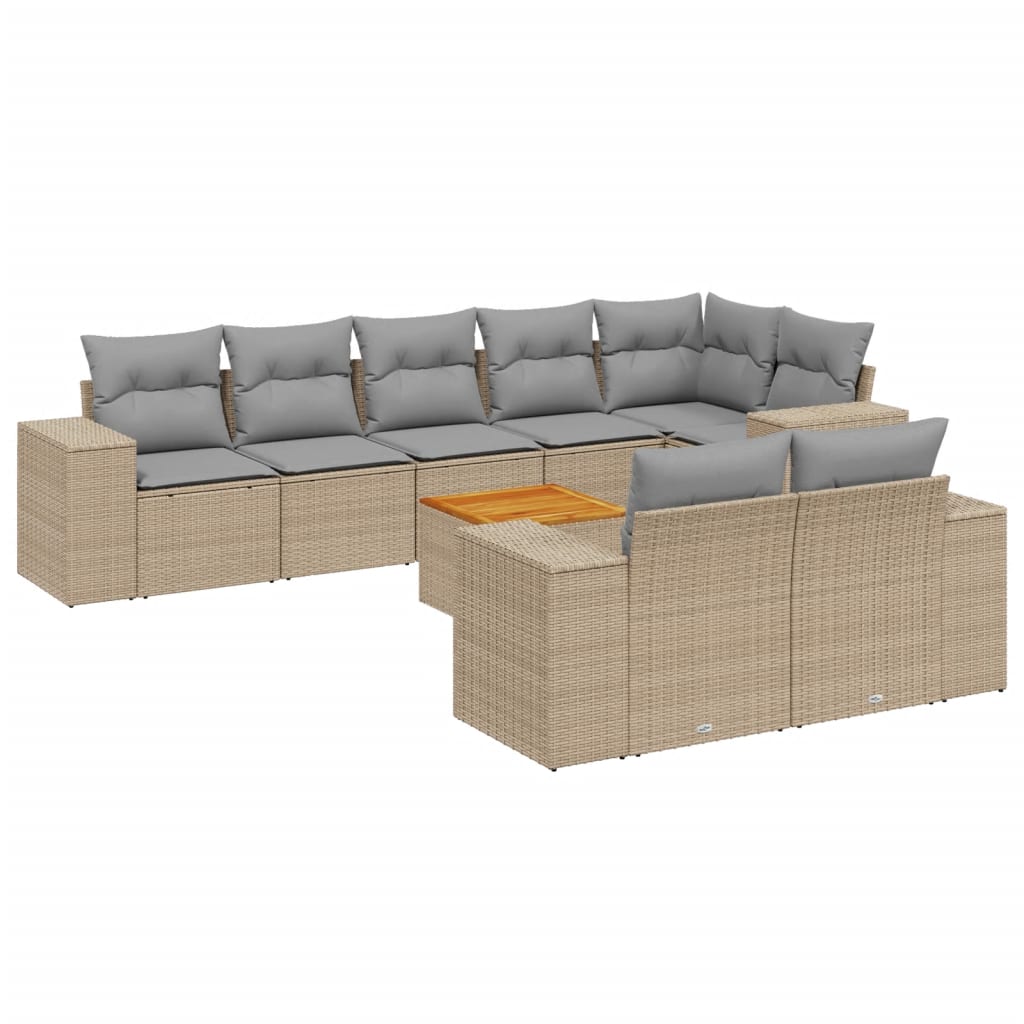 9-delige Loungeset met kussens poly rattan beige