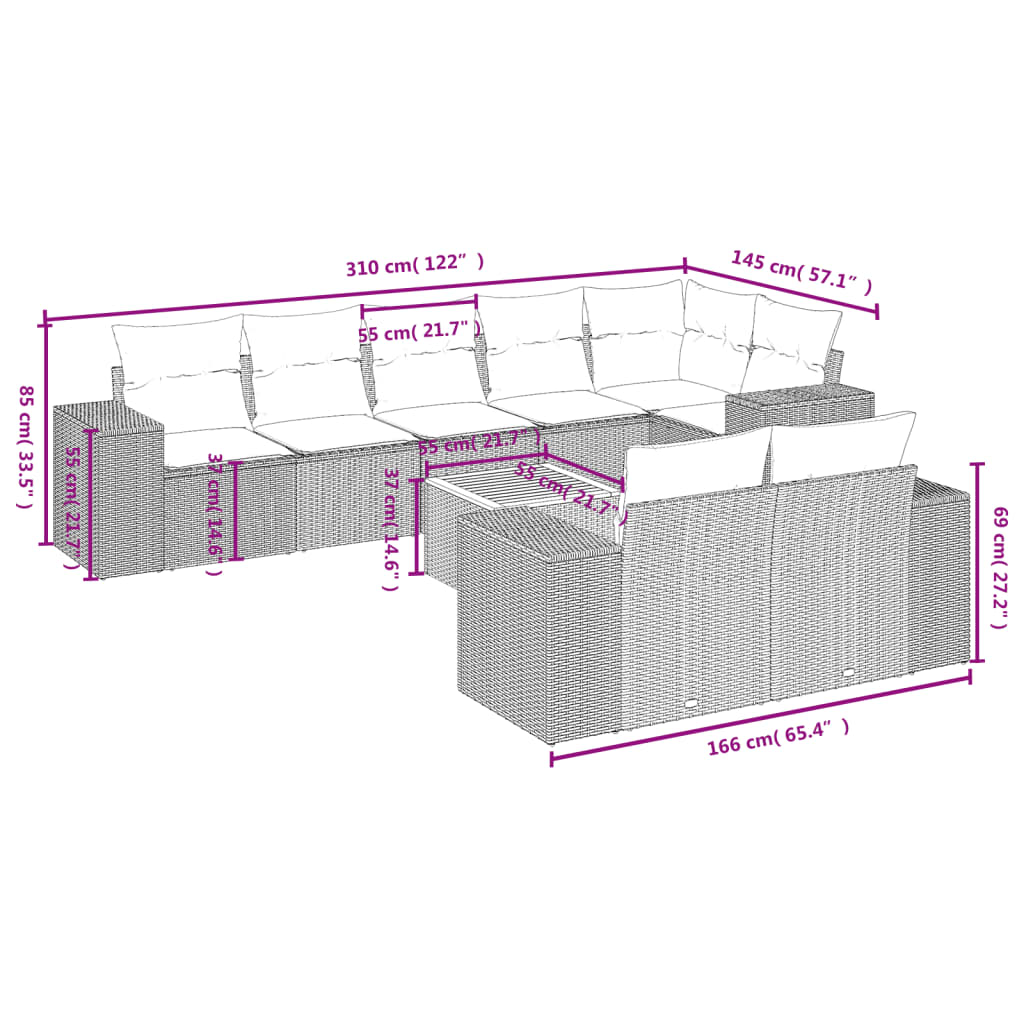 9-delige Loungeset met kussens poly rattan beige