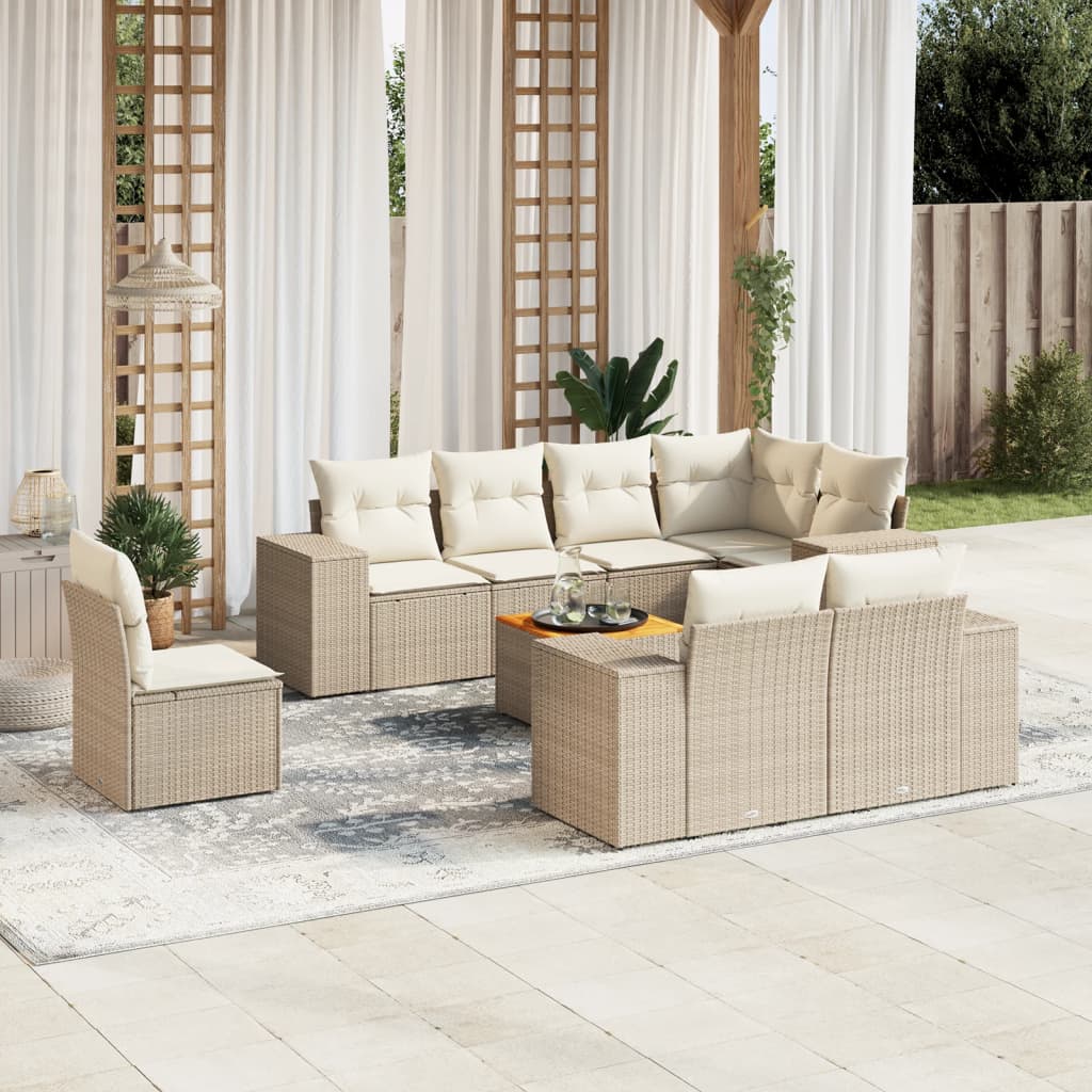 9-delige Loungeset met kussens poly rattan beige