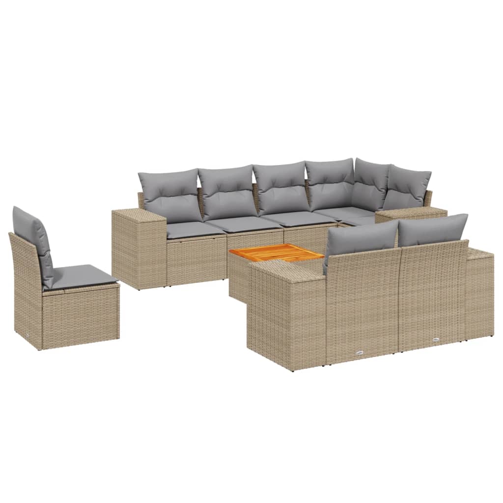 9-delige Loungeset met kussens poly rattan beige