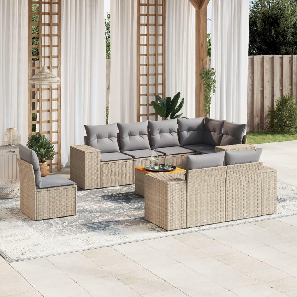 9-delige Loungeset met kussens poly rattan beige