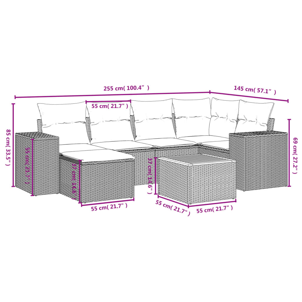 7-delige Loungeset met kussens poly rattan beige