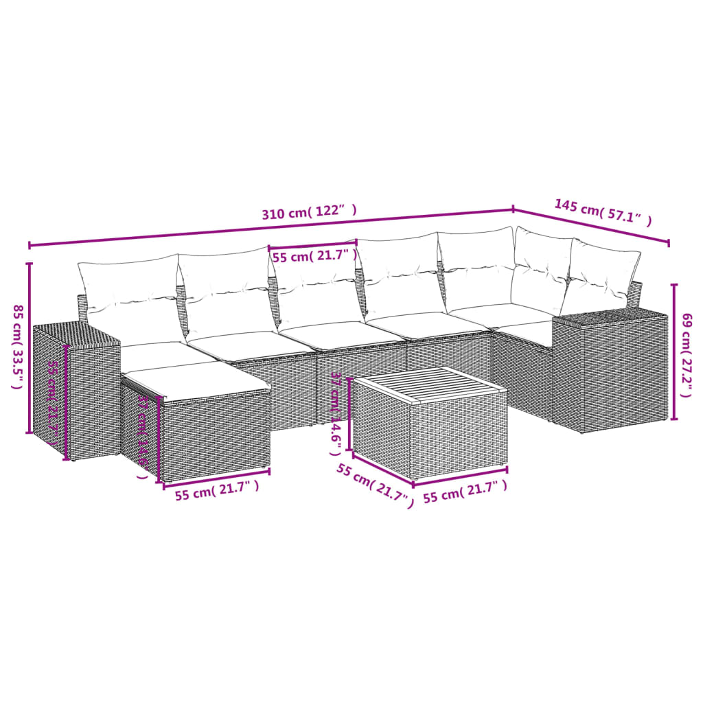 8-delige Loungeset met kussens poly rattan beige