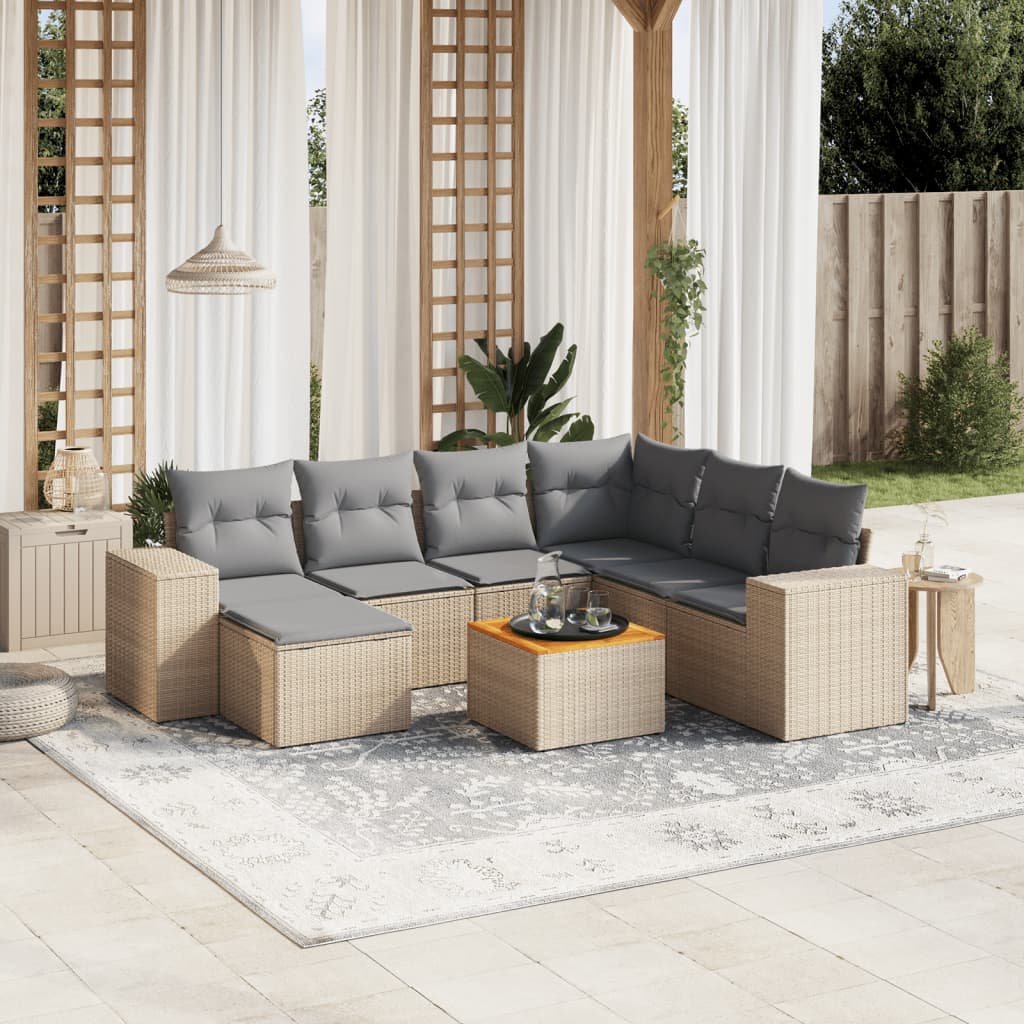 8-delige Loungeset met kussens poly rattan beige