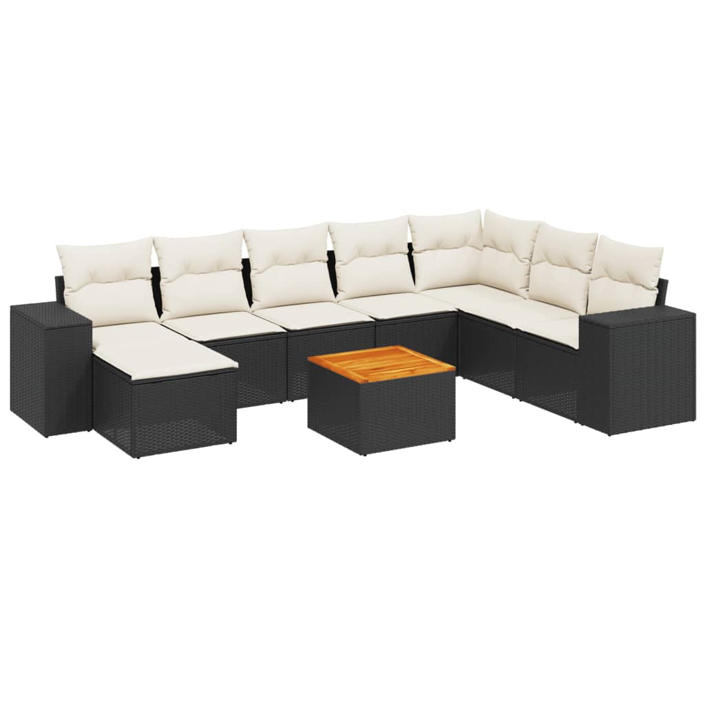 9-delige Loungeset met kussens poly rattan zwart