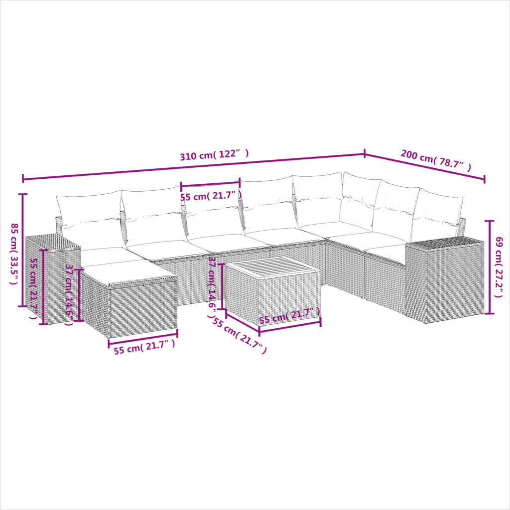 9-delige Loungeset met kussens poly rattan zwart