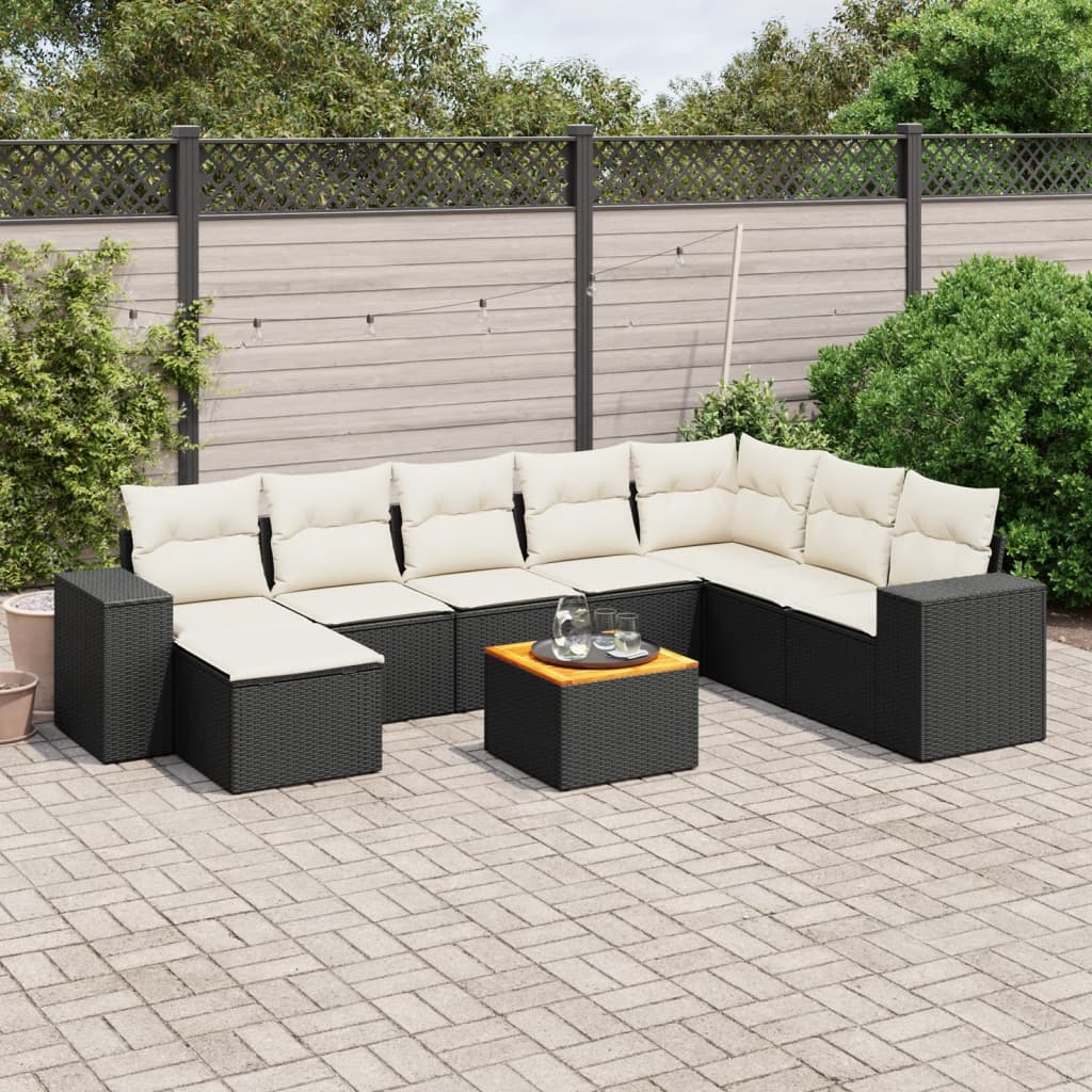 9-delige Loungeset met kussens poly rattan zwart