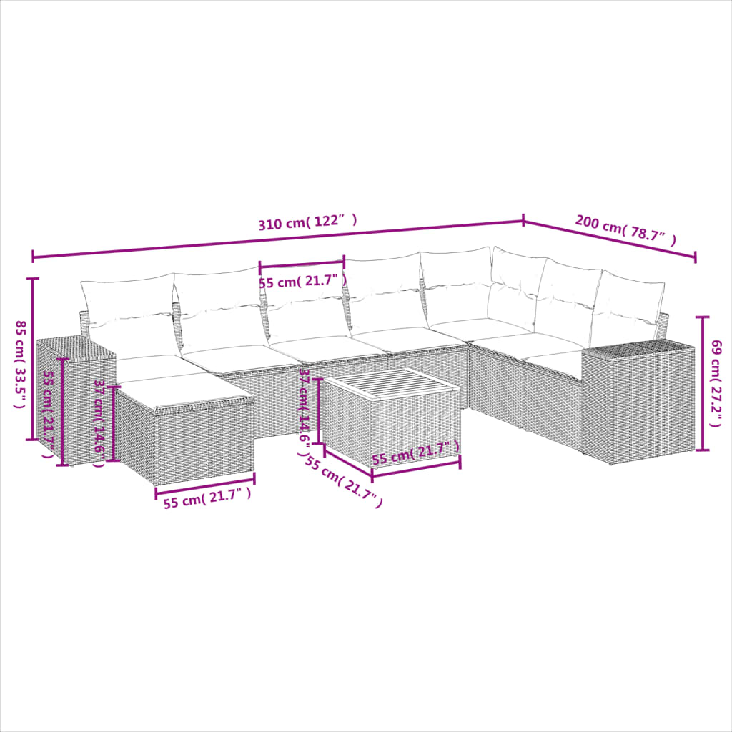 9-delige Loungeset met kussens poly rattan beige