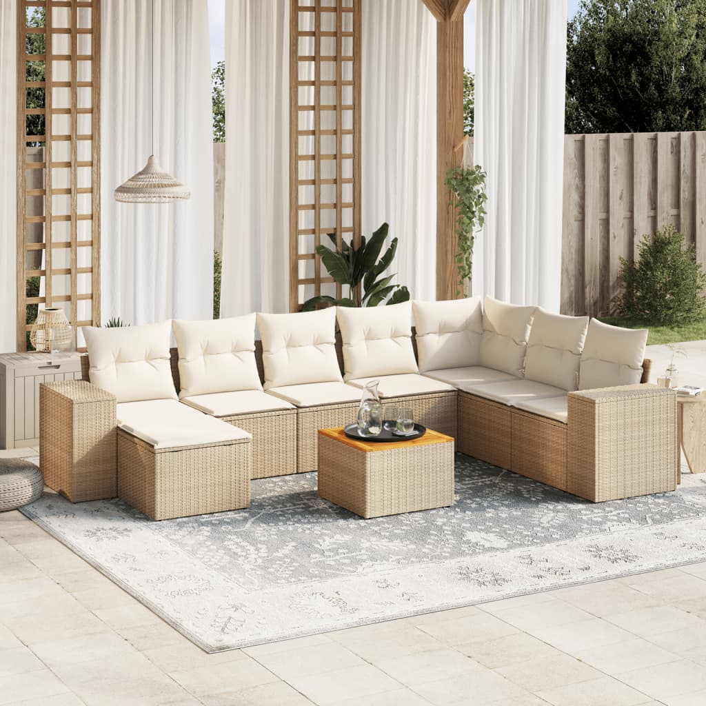 9-delige Loungeset met kussens poly rattan beige