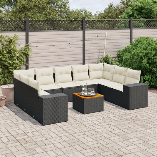 10-delige Loungeset met kussens poly rattan zwart