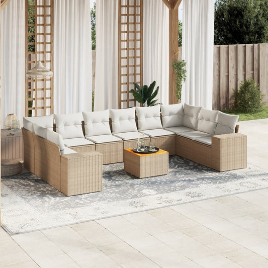 11-delige Tuinset met kussens poly rattan beige