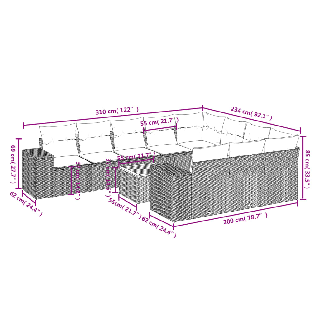 11-delige Tuinset met kussens poly rattan beige