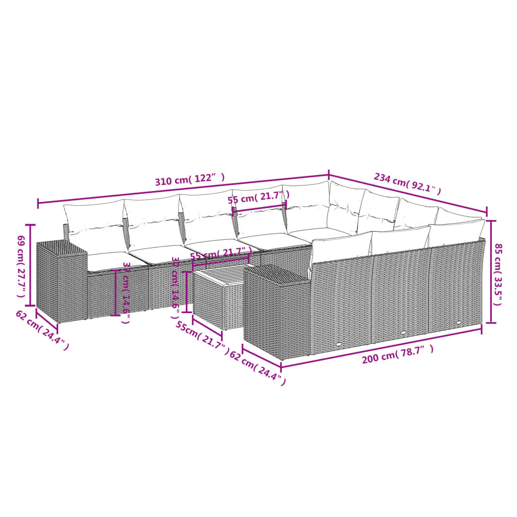 11-delige Tuinset met kussens poly rattan beige