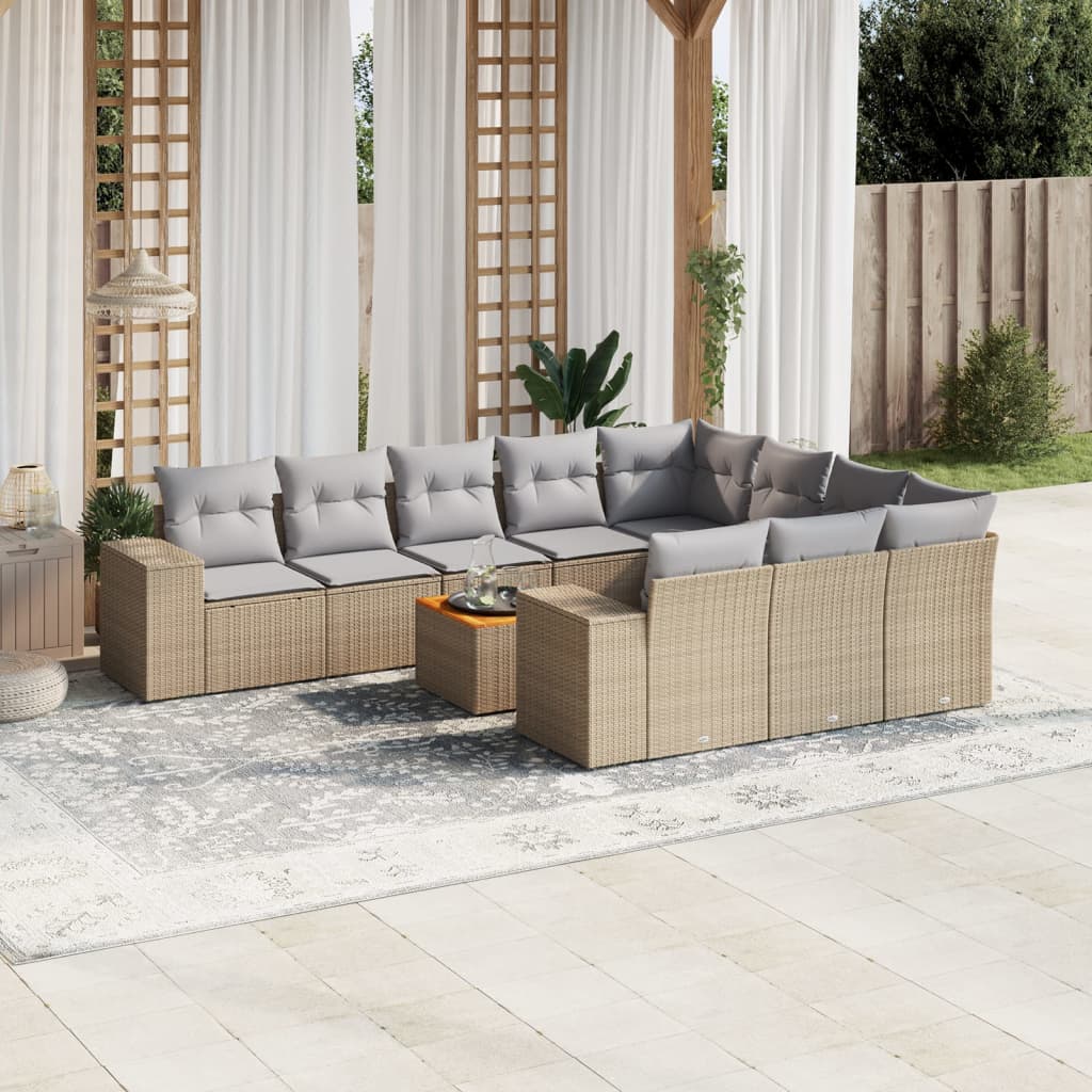 11-delige Tuinset met kussens poly rattan beige