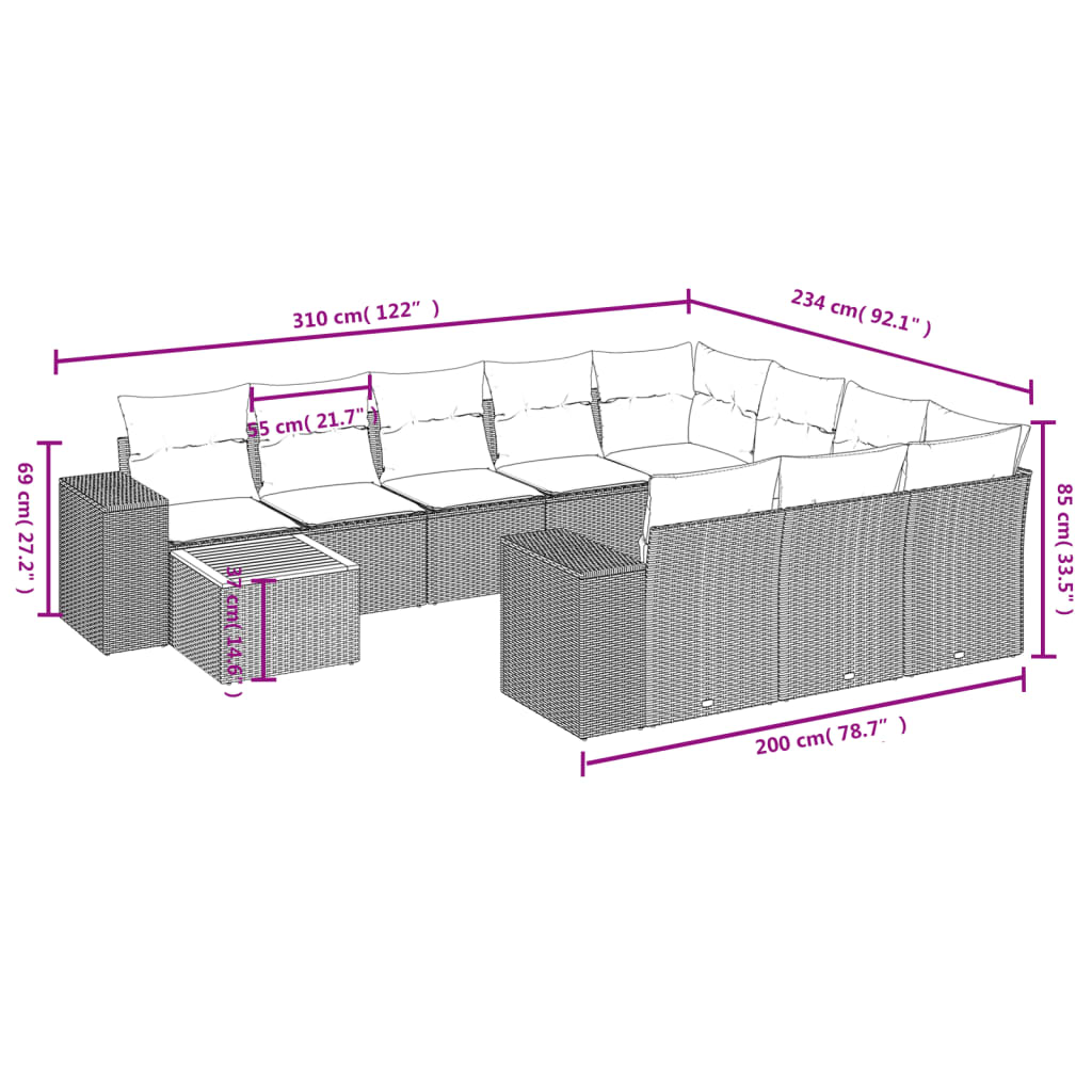 11-delige Tuinset met kussens poly rattan beige