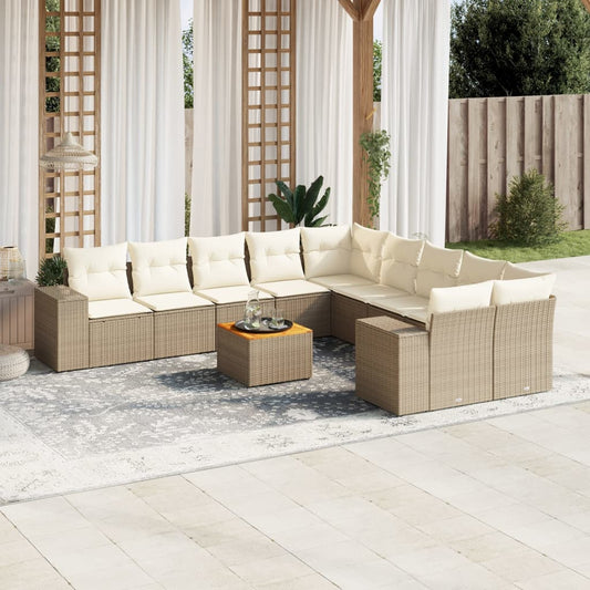 11-delige Tuinset met kussens poly rattan beige