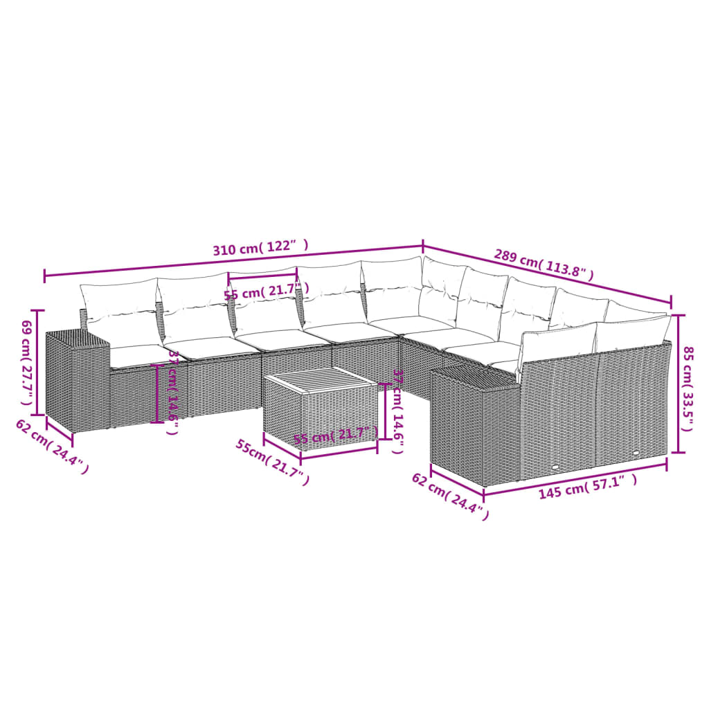 11-delige Tuinset met kussens poly rattan beige