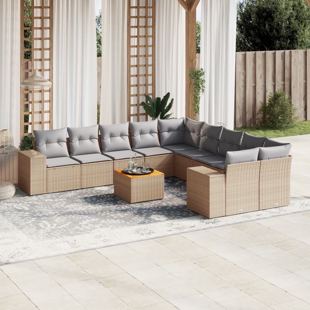 11-delige Tuinset met kussens poly rattan beige