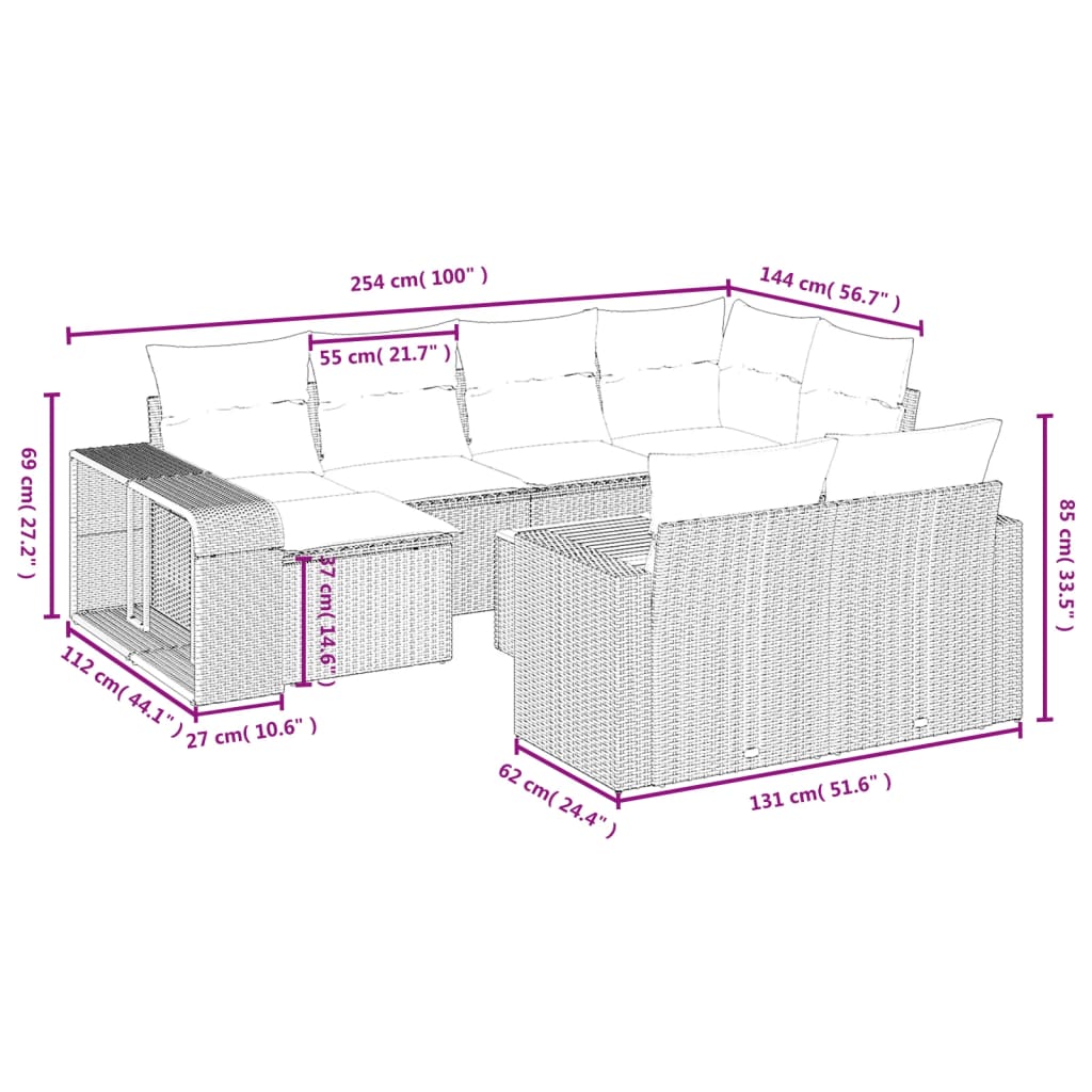 11-delige Tuinset met kussens poly rattan beige