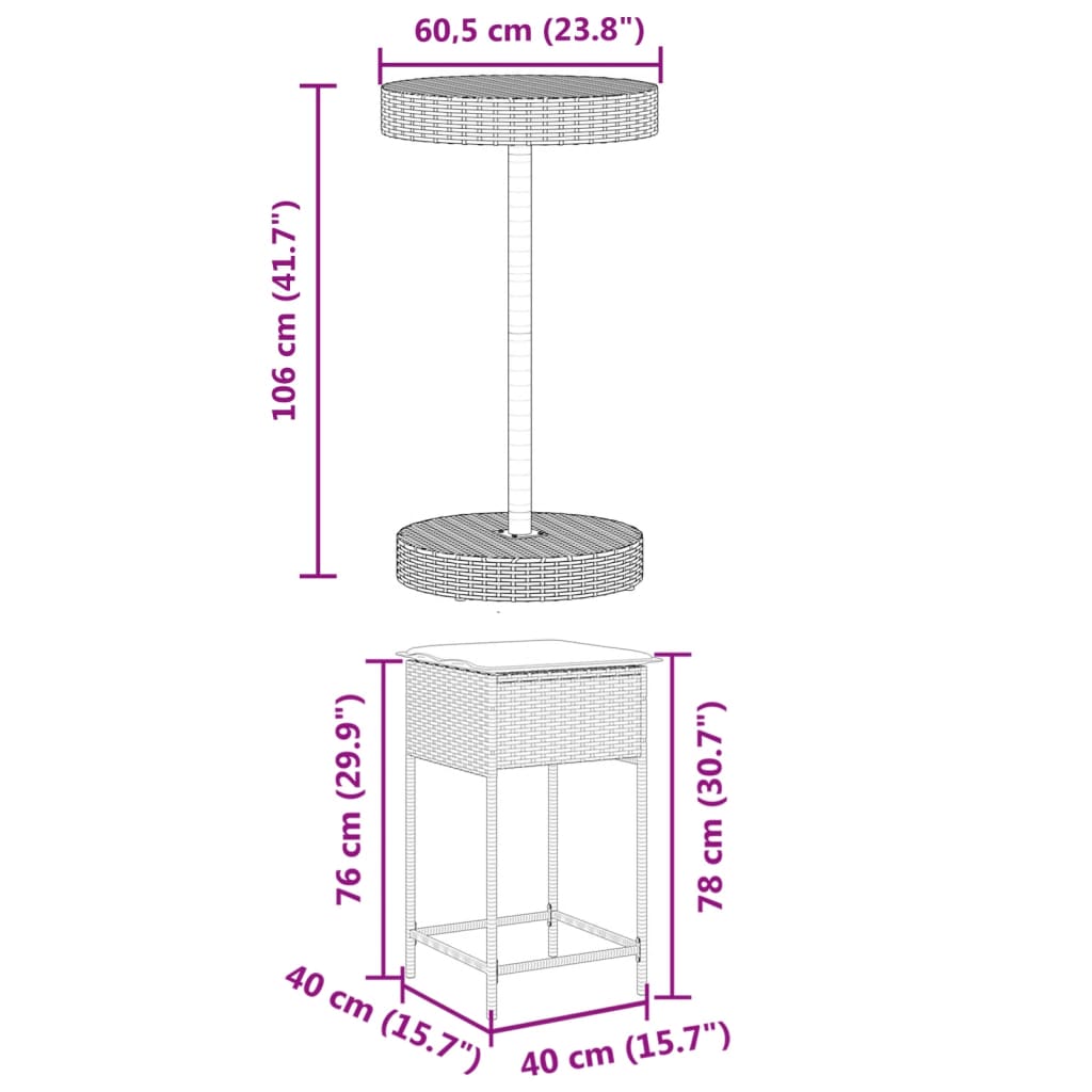 3-delige Tuinbarset met kussens poly rattan bruin