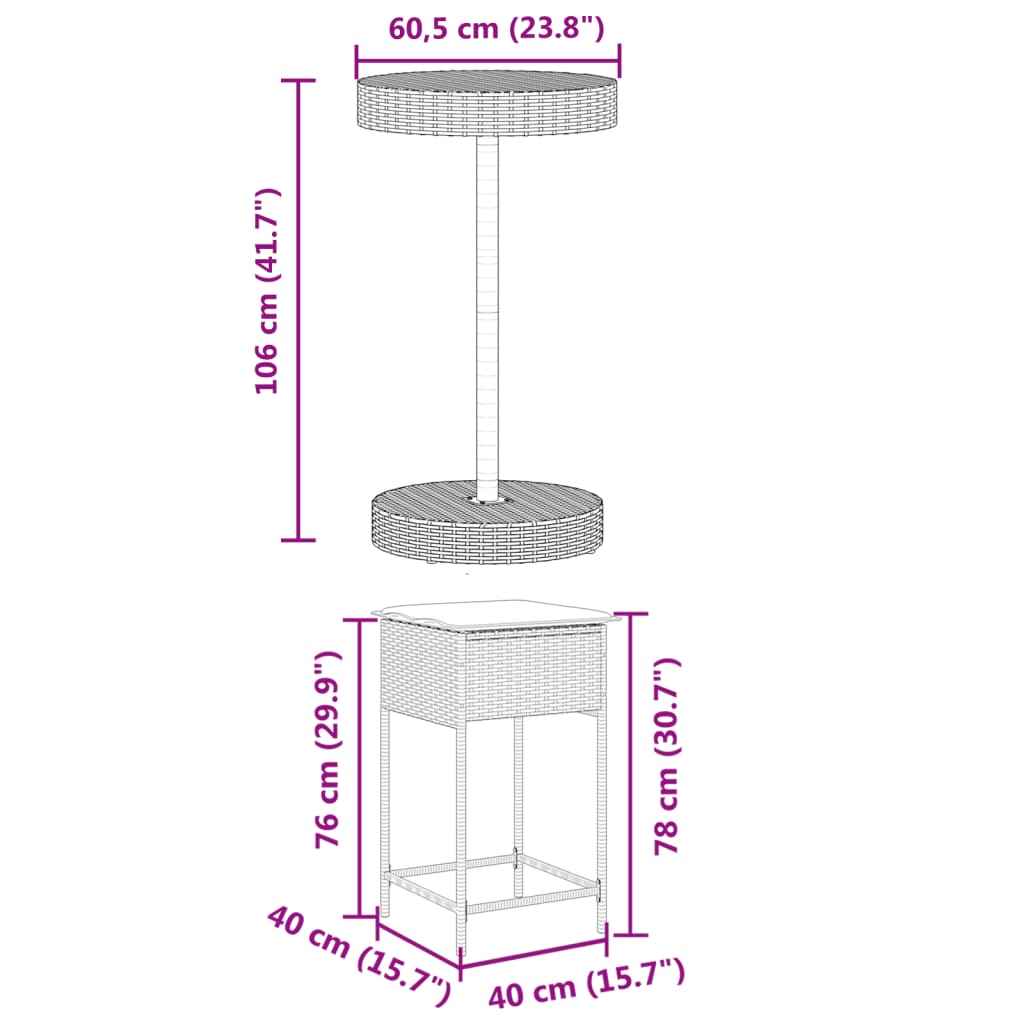 3-delige Tuinbarset met kussens poly rattan grijs