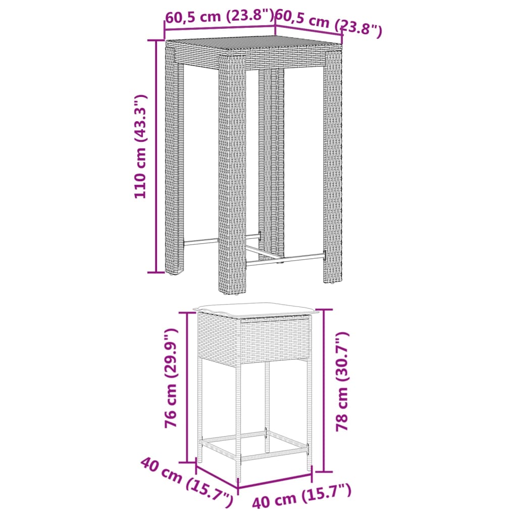 3-delige Tuinbarset met kussens poly rattan zwart