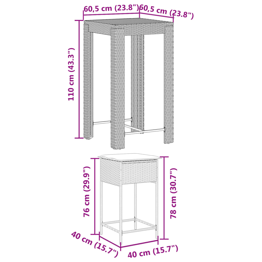 5-delige Tuinbarset met kussens poly rattan grijs