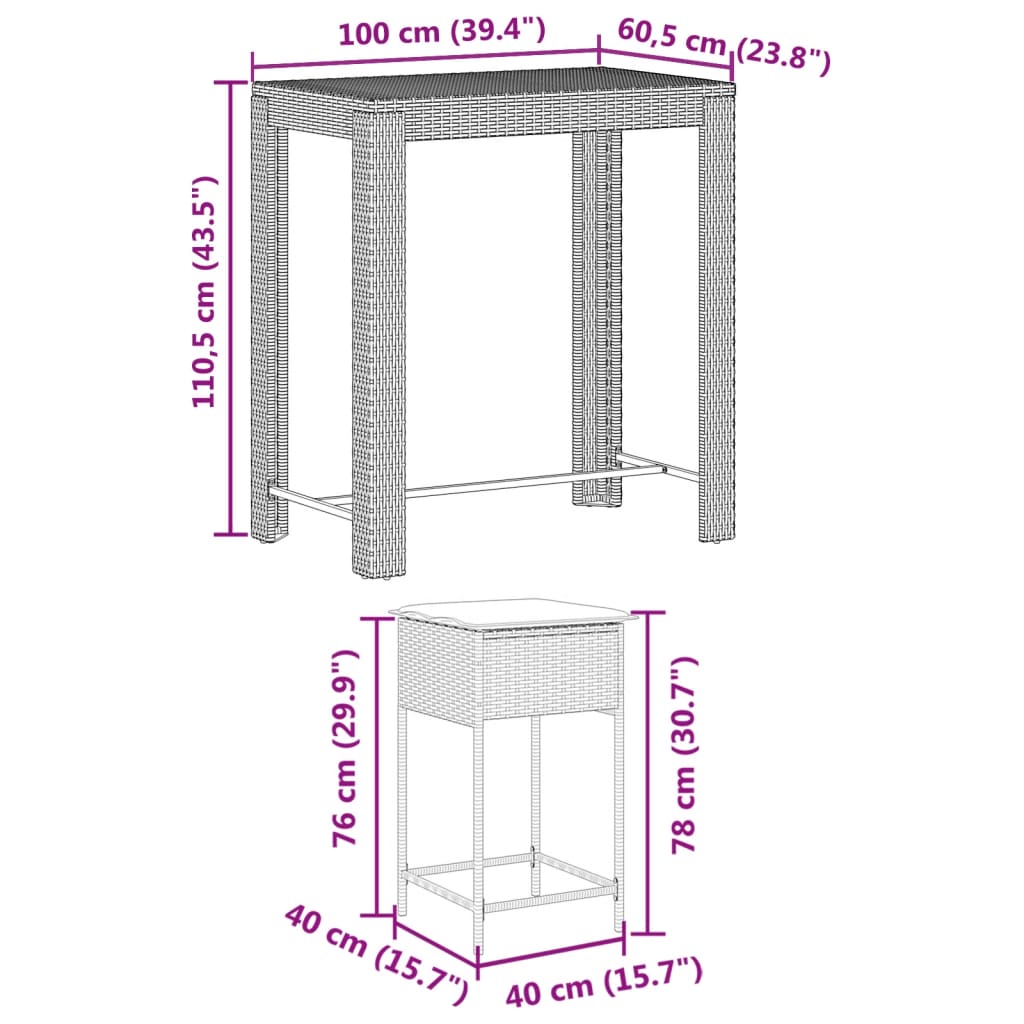 5-delige Tuinbarset met kussens poly rattan bruin