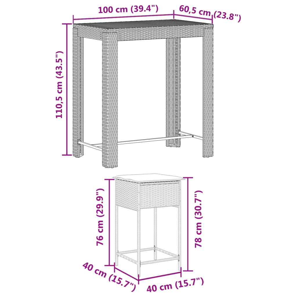 5-delige Tuinbarset met kussens poly rattan grijs