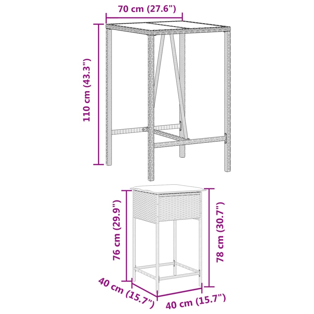 3-delige Tuinbarset met kussens poly rattan bruin