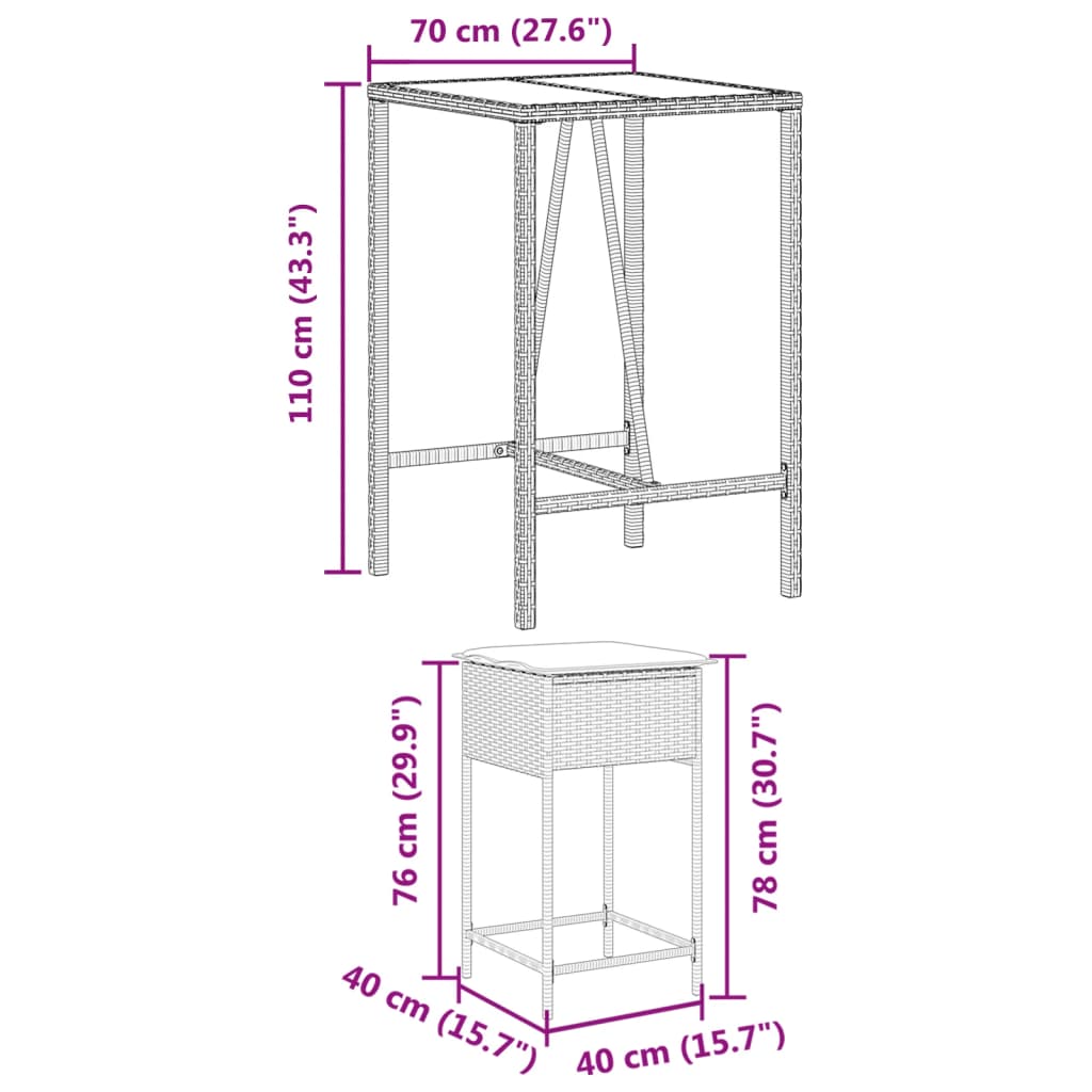 5-delige Tuinbarset met kussens poly rattan grijs