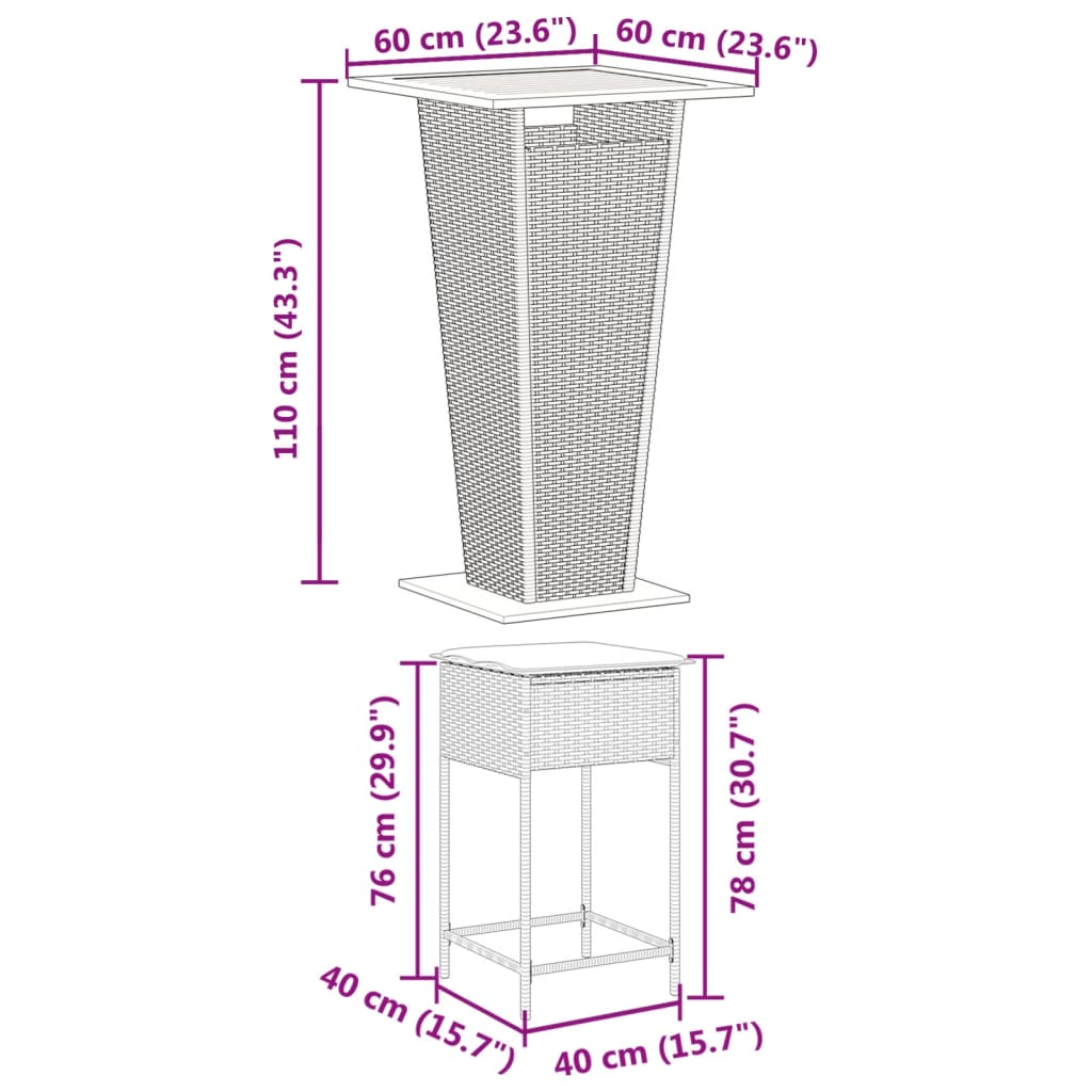 3-delige Tuinbarset met kussens poly rattan grijs