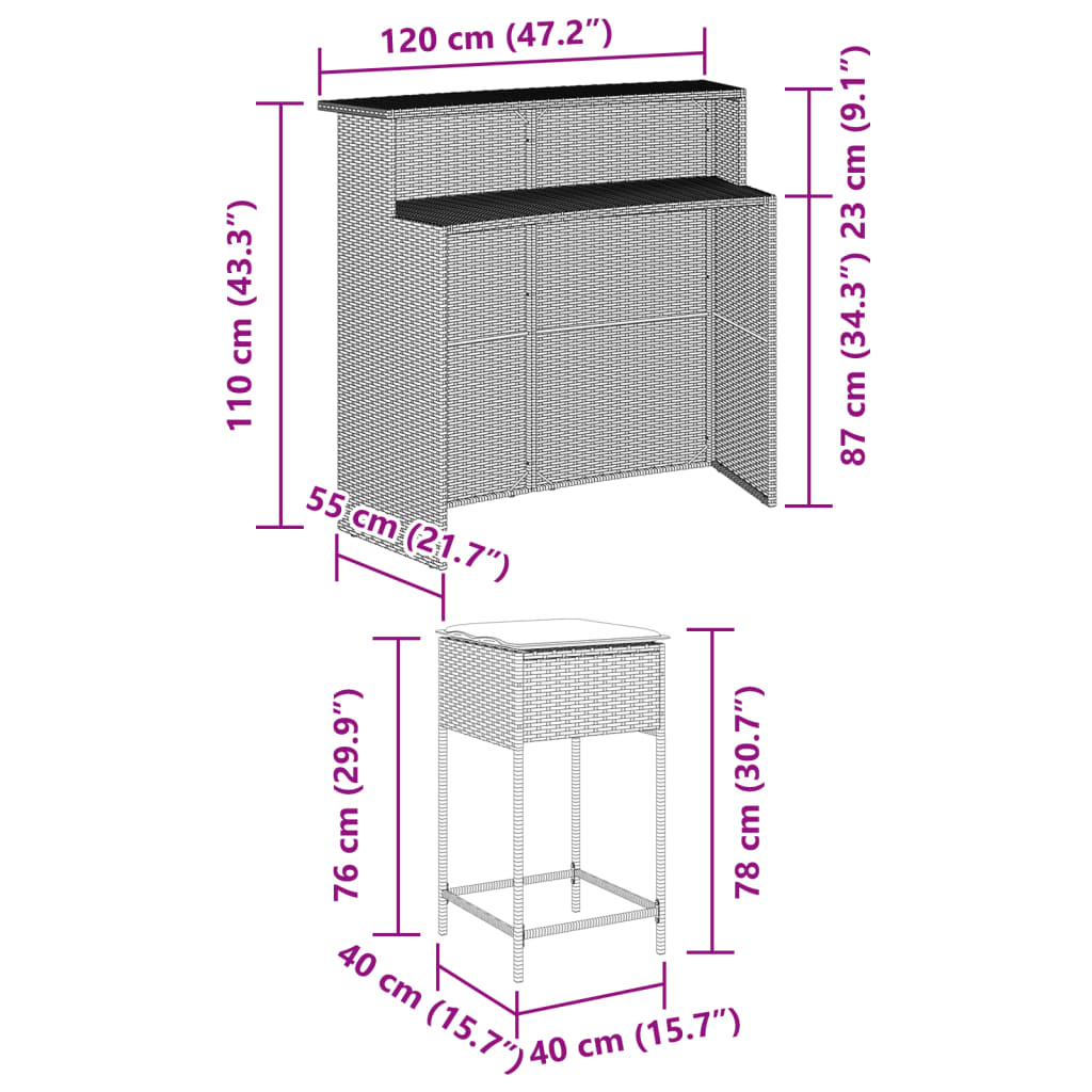 3-delige Tuinbarset met kussens poly rattan bruin