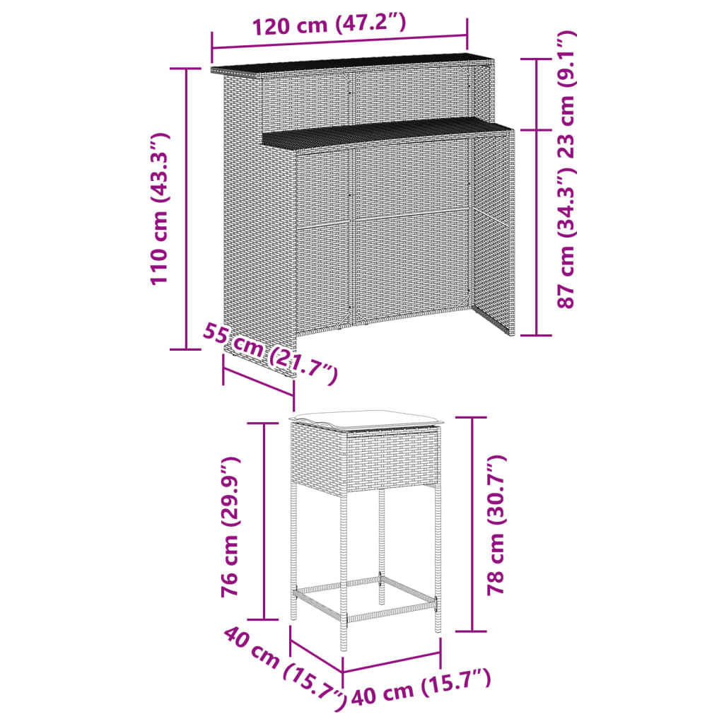 5-delige Tuinbarset met kussens poly rattan bruin