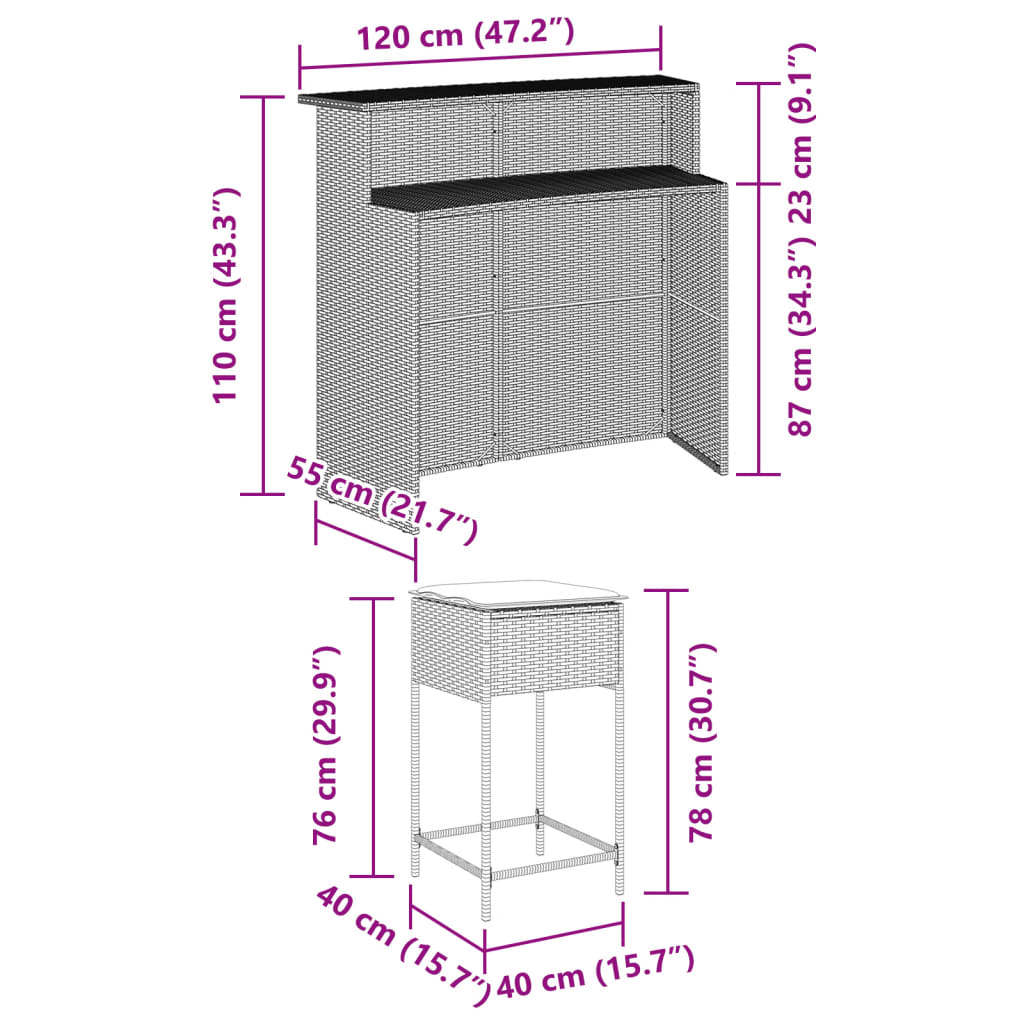 5-delige Tuinbarset met kussens poly rattan grijs