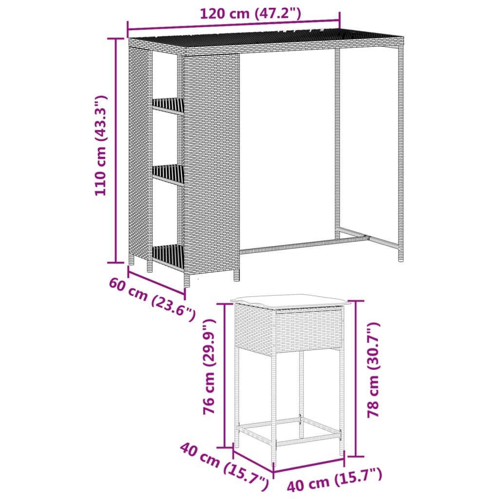 3-delige Tuinbarset met kussens poly rattan grijs