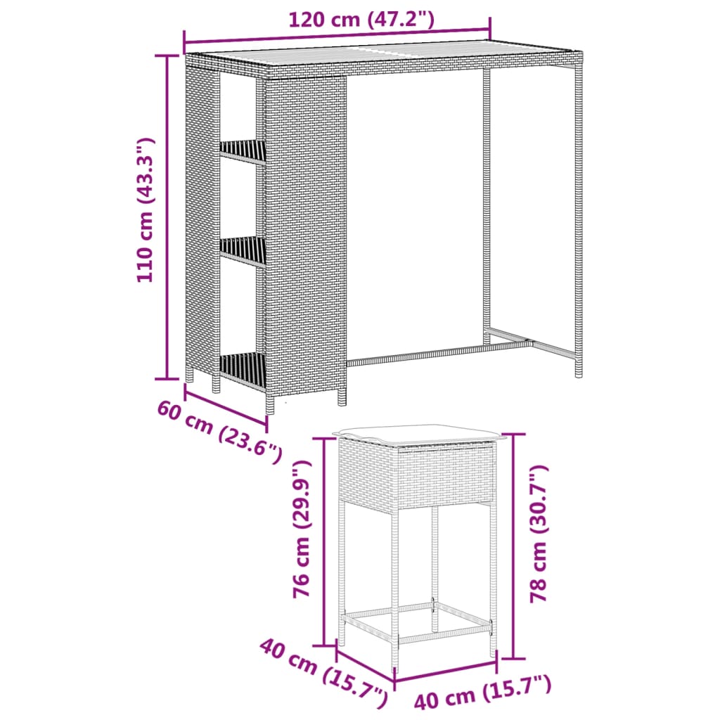 3-delige Tuinbarset met kussens poly rattan grijs