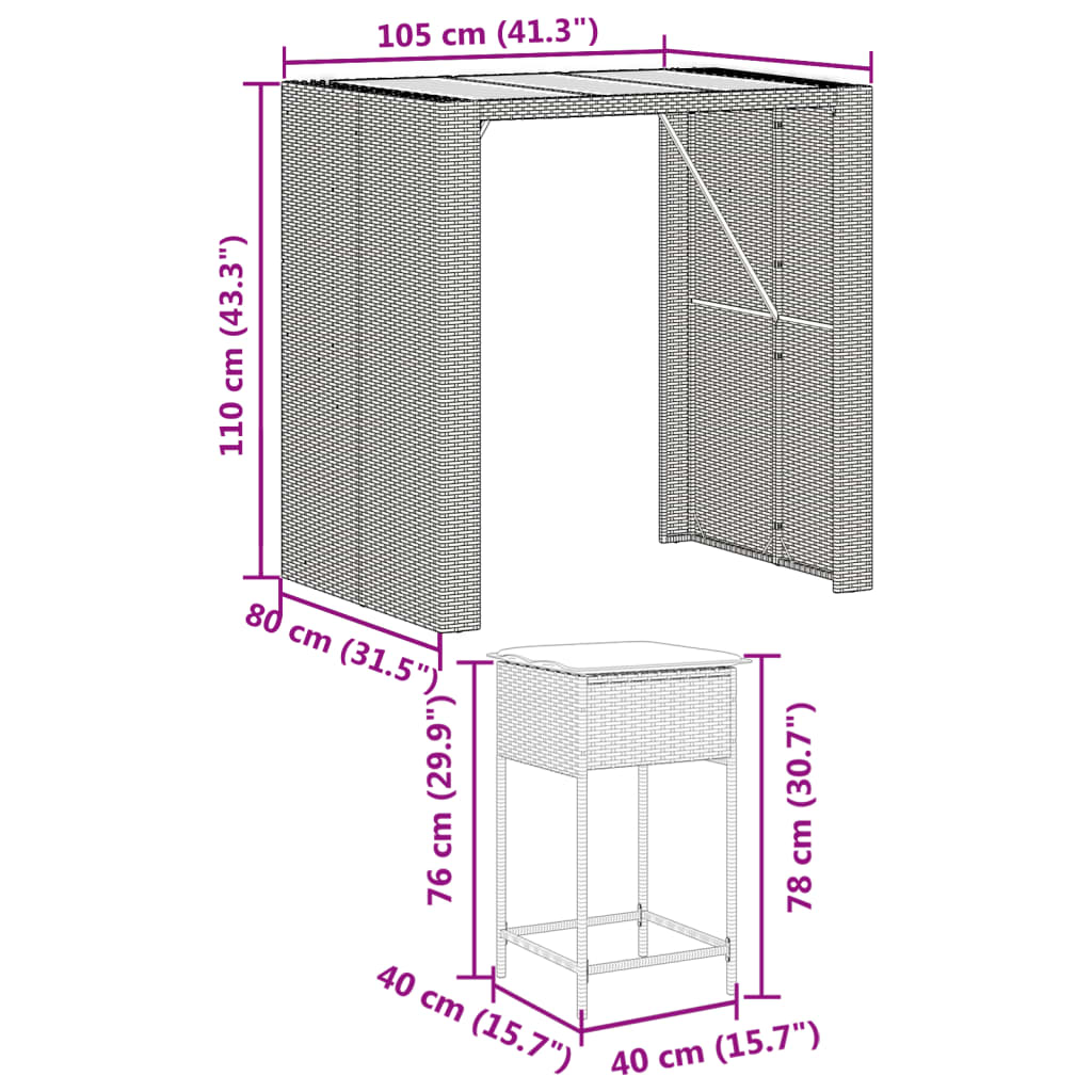 5-delige Tuinbarset met kussens poly rattan grijs