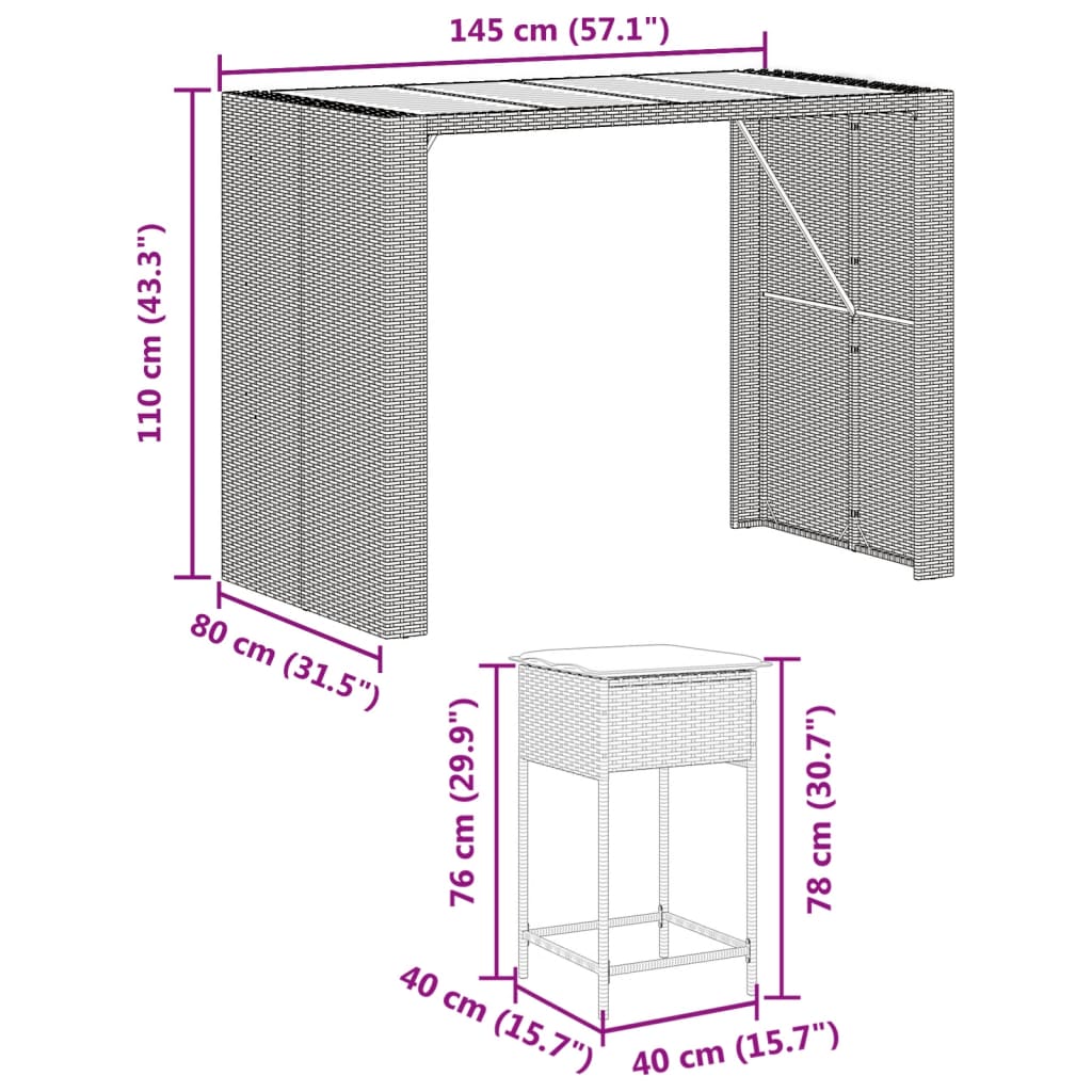 7-delige Tuinbarset met kussens poly rattan grijs