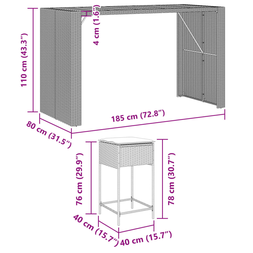 9-delige Tuinbarset met kussens poly rattan grijs